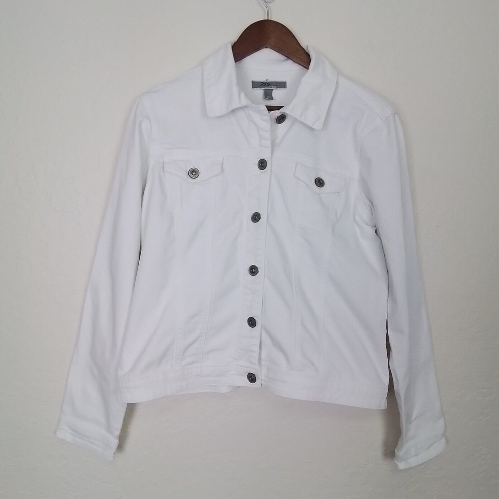 Mia Tess Jean Jacket Size M White Denim Flap pockets Button Front Collar 90s Y2k